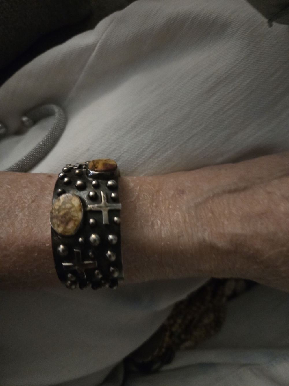 Studded sterling silver Cuff Bracelet with Amber Stone Accents